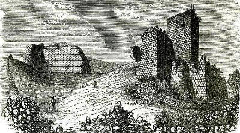 Guerra do Mirandum - Ruínas do castelo de Miranda do Douro - Desenho de Nogueira da Silva, segundo um esboço de Freire Pimentel